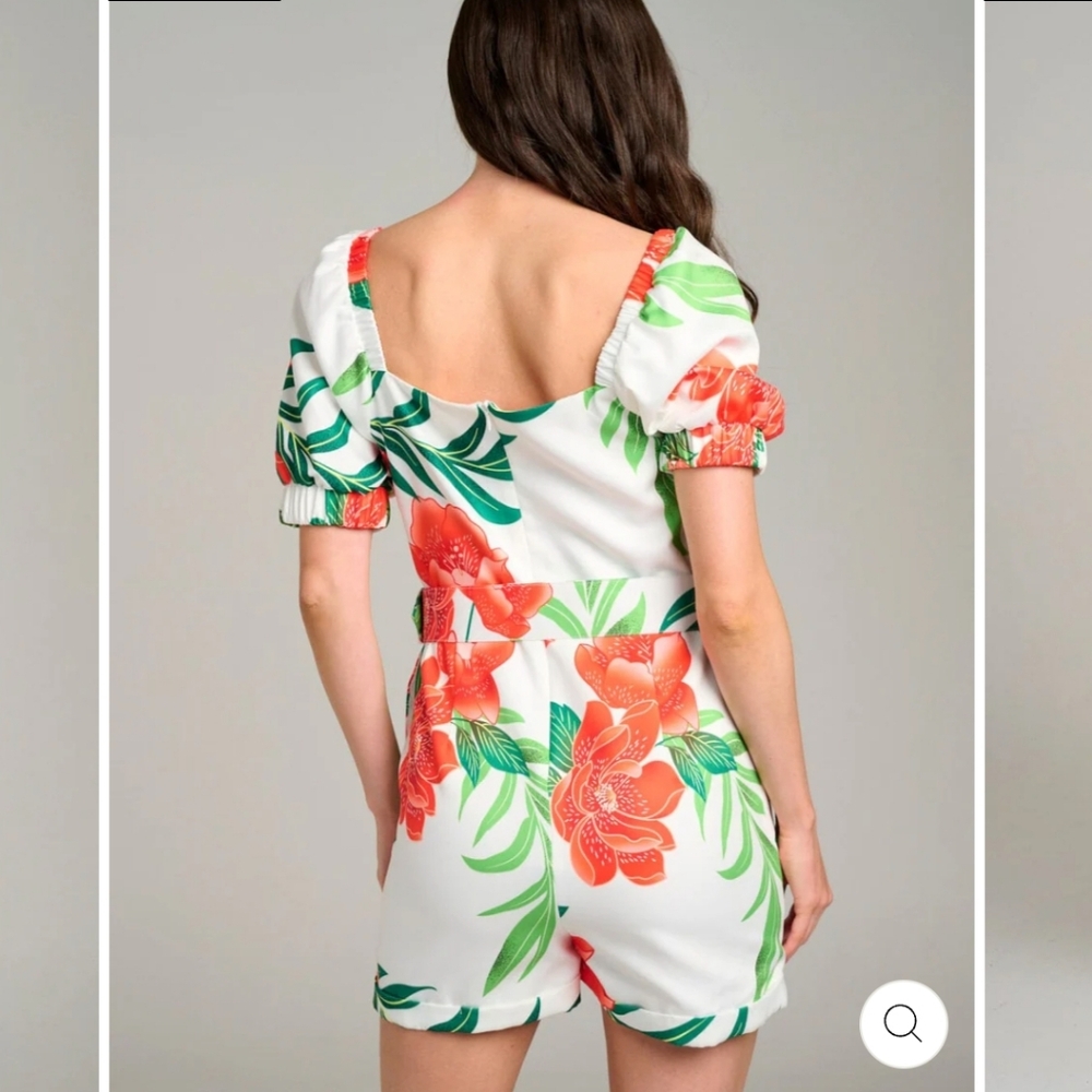 Red and White Floral Belted Jumpsuit/Romper with Chic Design - Picture 4 of 4